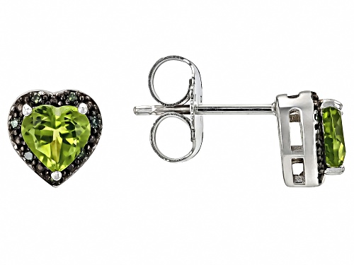 0.88ct Heart Manchurian Peridot™ With 0.03ctw Diamond Accent Rhodium Over Silver Stud Earrings