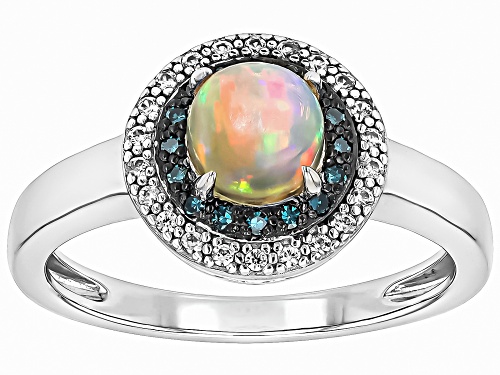 0.49ct Ethiopian Opal With 0.07ctw Blue Diamond, 0.11ctw White Zircon Rhodium Over Silver Ring - Size 10