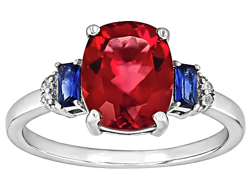 2.10ct Lab Bixbite with 0.18ctw Lab Blue & Lab White Sapphire Rhodium Over Sterling Silver Ring - Size 6