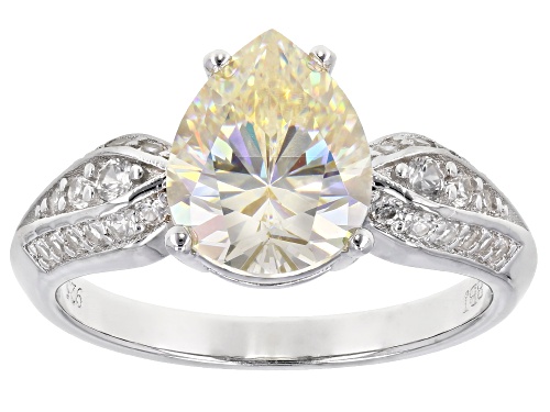 3.00ct Pear Shape Candlelight Strontium Titanate .35ctw Zircon Rhodium Over Silver Ring - Size 9