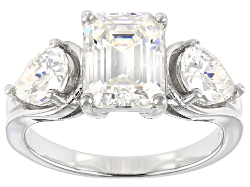 4.80ctw Emerald Cut and Pear Shape Strontium Titanate Rhodium Over Silver Ring - Size 9