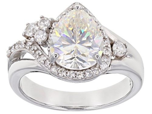 3.00ct Pear Shape Strontium Titanate and Round White Zircon Rhodium Over Silver Ring - Size 9