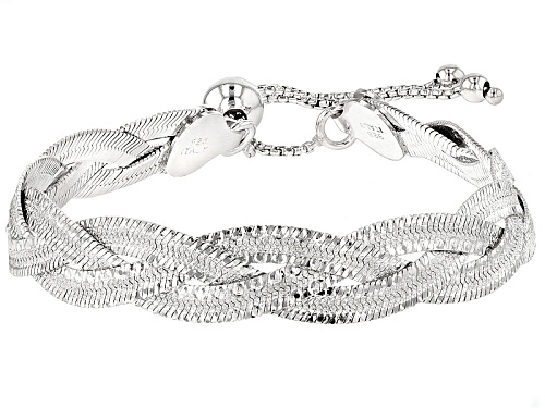 Photo of Rhodium Over Sterling Silver Braided Herringbone Link Sliding Adjustable 9 Inch Bracelet - Size 9