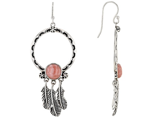Southwest Style by JTV™ 8mm round rhodochrosite  sterling silver feather detail dangle earrings