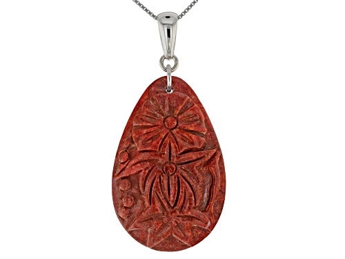 Southwest Style by JTV™ 36x23mm pear shape carved red sponge coral silver pendant w/chain