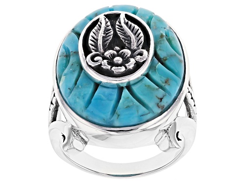 Southwest Style by JTV™ 22x18mm oval carved turquoise sterling silver ring - Size 7