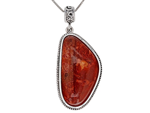 Southwest Style By JTV™ Custom Shape Red Coral Silver Pendant With Chain