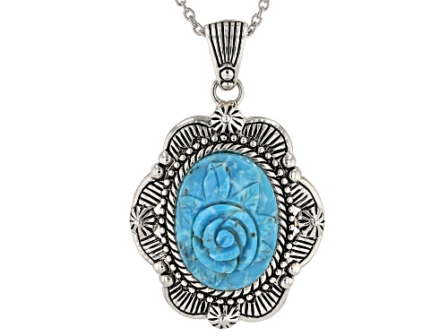 Southwest Style By JTV™ 18x13mm Oval Carved Turquoise Rose Rhodium Over Silver Pendant With Chain