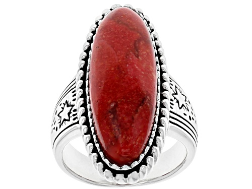 Southwest Style By JTV™ 28x9mm Oval Red Sponge Coral Solitaire Sterling Silver Ring - Size 7