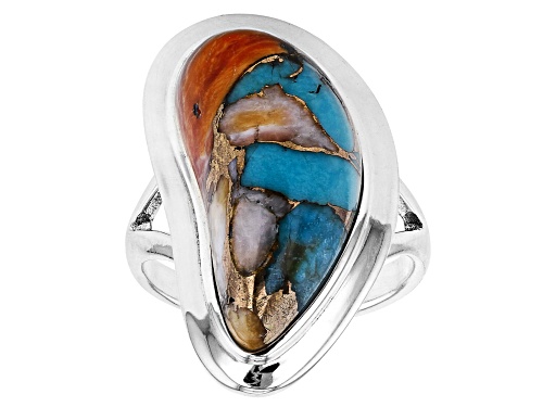 Photo of Southwest Style By JTV™ 22x10mm Blended Turquoise and Spiny Oyster Shell Rhodium Over Silver Ring - Size 12