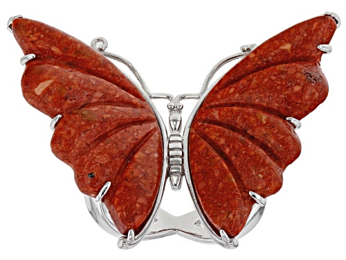 Southwest Style By JTV™ 28mm Custom Carved Red Sponge Coral Rhodium Over Silver Butterfly Ring - Size 8.5