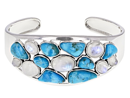 Southwest Style By JTV™ Mixed Shapes Rainbow Moonstone & Turquoise Rhodium Over Silver Cuff Bracelet - Size 7.5