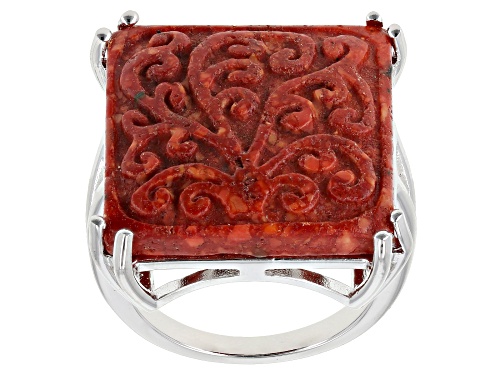 Photo of Southwest Style By JTV™ 20x20mm Square Carved Red Sponge Coral Solitaire Rhodium Over Silver Ring - Size 8