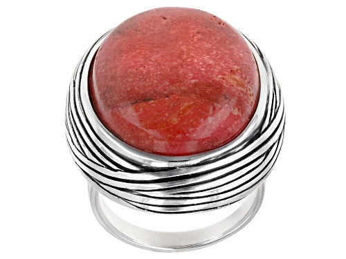 Southwest Style By JTV™ 23.5x18.5mm Custom Shape Red Sponge Coral Rhodium Over Silver Ring - Size 8