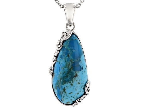 Southwest Style By JTV™ 27x13mm Custom Pear Shape Turquoise Rhodium Over Silver Pendant W/Chain