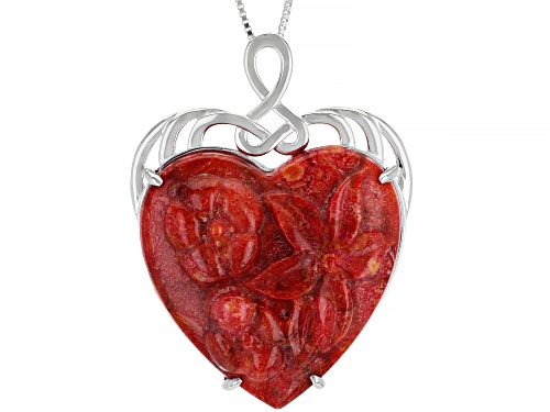 Photo of Southwest Style By JTV™ Carved Heart Red Sponge Coral Rhodium Over Silver Pendant With Chain