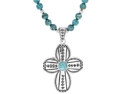 Photo of Southwest Style By JTV™ Round Turquoise Rhodium Over Silver Cross Enhancer & Bead Necklace