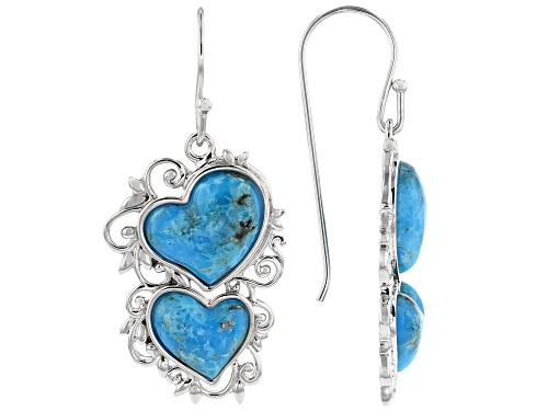Photo of Southwest Style By JTV™ 12mm & 10mm Heart Shape Turquoise Rhodium Over Silver Dangle Earrings