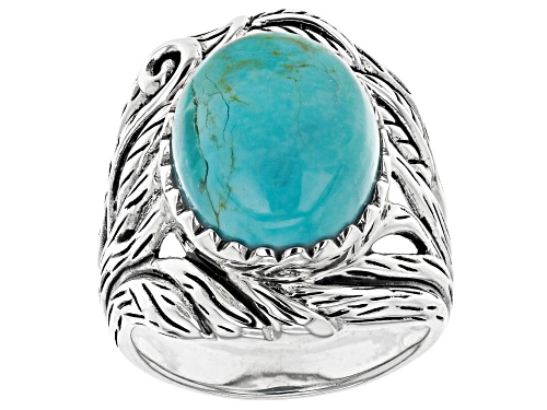 Photo of Southwest Style Of JTV™ 16x12mm Oval Turquoise Cabochon Rhodium Over Silver Solitaire Ring - Size 8