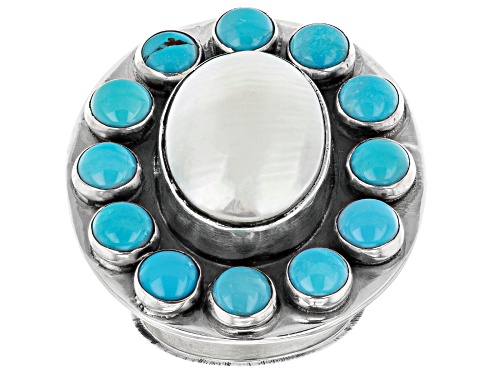 Photo of Southwest Style By JTV™ 5mm Round Sleeping Beauty Turquoise And 18x13mm Oval Shell Silver Ring - Size 7