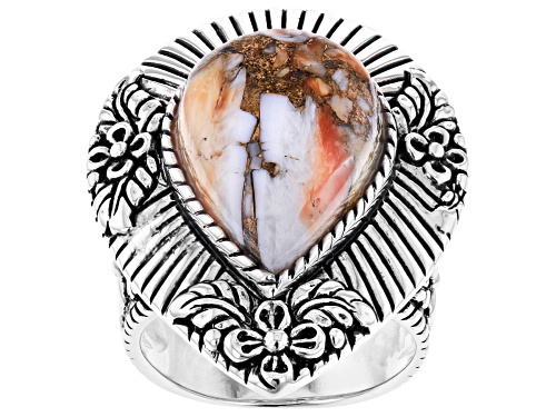 Southwest Style By JTV™ 20x13mm Pear Shape Orange Spiny Oyster Shell Rhodium Over Silver Ring - Size 7