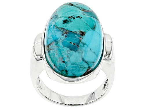 Photo of Southwest Style of JTV™ 25x15mm Oval Turquoise Rhodium Over Sterling Silver Solitaire Ring - Size 7