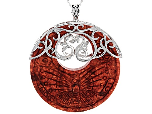 Photo of Southwest Style By JTV™ Carved Red Coral Rhodium Over Silver Filigree Enhancer With 18" Chain