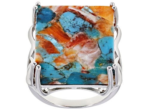 Southwest Style By JTV™ Blended Turquoise And Spiny Oyster Shell Rhodium Over Silver Ring - Size 12