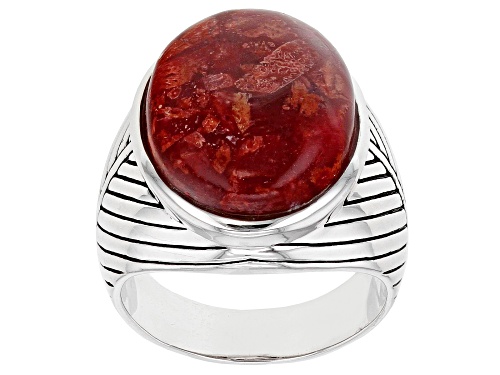 Photo of Southwest Style By JTV™ 17x14mm Oval Red Coral Cabochon Rhodium Over Silver Solitaire Ring - Size 8