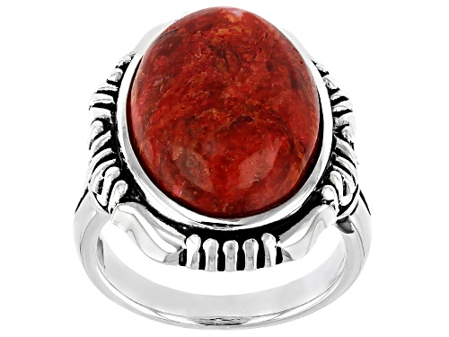 Southwest Style By JTV™ 18x13mm Oval Coral Cabochon Rhodium Over Silver Solitaire Ring - Size 8