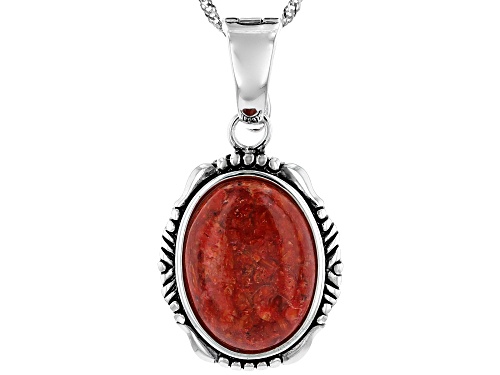 Southwest Style By JTV™ 20x15mm Oval Coral Cabochon Rhodium Over Silver Enhancer With 18" Chain