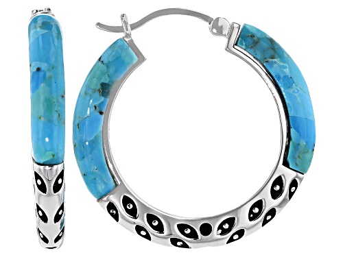 Photo of Southwest Style By JTV™ 18.5x4mm Blue Turquoise Rhodium Over Sterling Silver Hoop Earrings