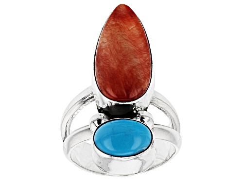 Photo of Southwest Style By JTV™ Spiny Oyster Shell with Sleeping Beauty Turquoise Rhodium Over Silver Ring - Size 6