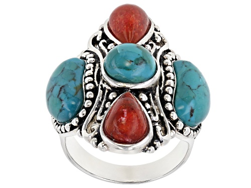 Photo of Southwest Style By JTV™ Turquoise and Coral Rhodium Over Sterling Silver 5-Stone Ring - Size 8