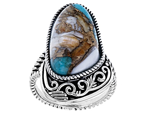 Photo of Southwest Style By JTV™22x12mm Blended Turquoise and Spiny Oyster Rhodium Over Silver Ring - Size 9