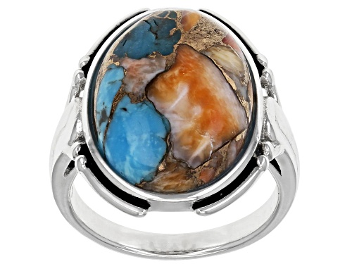 Photo of Southwest Style By JTV™Oval Blended Turquoise and Spiny Oyster Shell Rhodium Over Silver Ring - Size 12