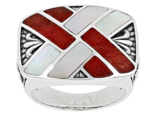 Photo of Southwest Style By JTV™ Red Coral and White Mother of Pearl Rhodium Over Silver Inlay Ring - Size 6