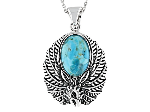 Photo of Southwest Style By JTV™18X12MM Oval Cabochon Turquoise Eagle Rhodium over Silver Enhancer with Chain