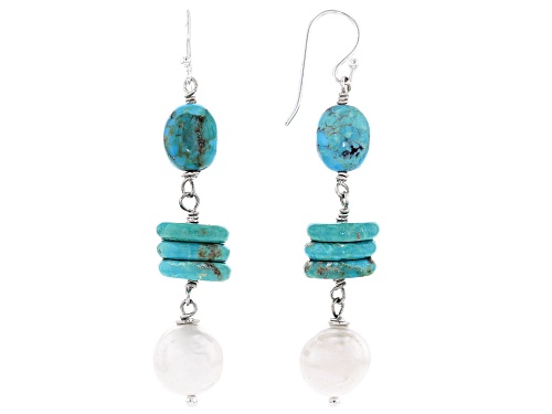 Southwest Style by JTV™ Turquoise and Cultured Freshwater Pearl Rhodium Over Silver Dangle Earrings
