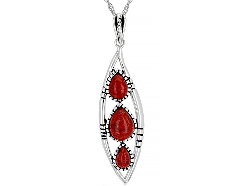 Photo of Southwest Style by JTV™ Pear Red Sponge Coral Rhodium Over Silver 3 Stone Pendant with Chain