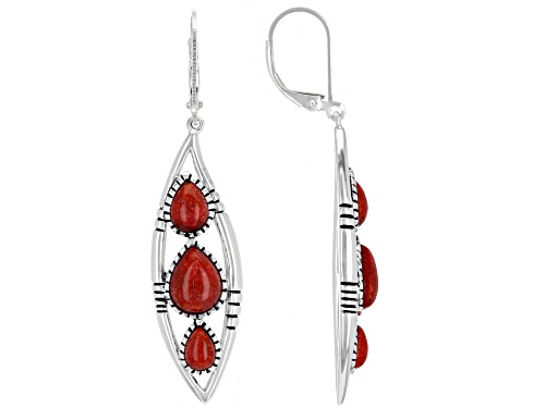 Southwest Style by JTV™ Pear Red Sponge Coral Rhodium Over Sterling Silver Earrings