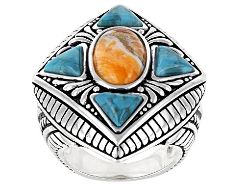 Photo of Southwest Style By JTV™ Orange Spiny Oyster Shell & Blue Turquoise Rhodium Over Sterling Silver Ring - Size 8