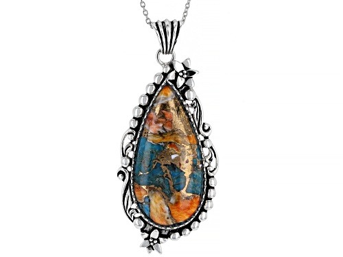 Photo of Southwest Style By JTV™ Blended Turquoise and Spiny Oyster Shell Rhodium Over Silver Pendant w Chain