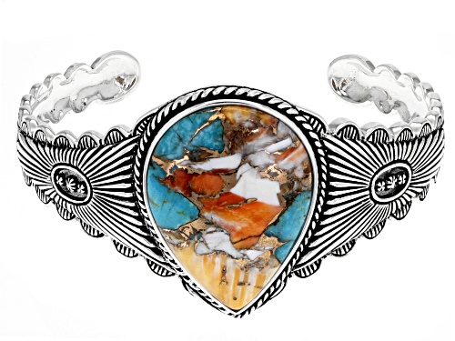 Photo of Southwest Style By JTV™ Blended Turquoise and Spiny Oyster Shell Rhodium Over Silver Cuff Bracelet - Size 7.5