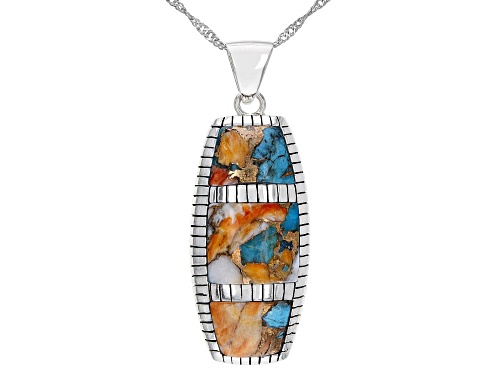 Southwest Style By JTV™,Blended Turquoise & Oyster Shell Rhodium Over Silver Inlay Pendant /Chain