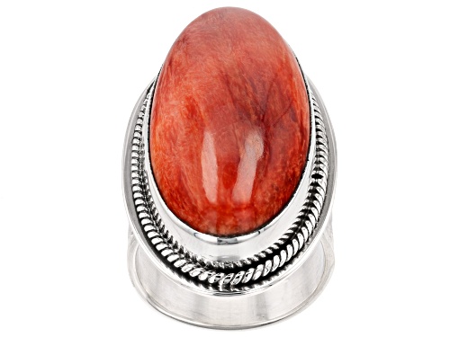 Photo of Southwest Style By JTV™ Oval Orange Spiny Oyster Shell Rhodium Over Silver Solitaire Ring - Size 6