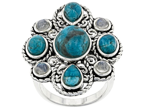 Photo of Southwest Style By JTV™  Turquoise and Rainbow Moonstone Rhodium Ober Silver Ring - Size 7