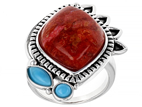 Photo of Southwest Style By JTV™ Coral and Sleeping Beauty Turquoise Rhodium Over Sterling Silver Ring - Size 7
