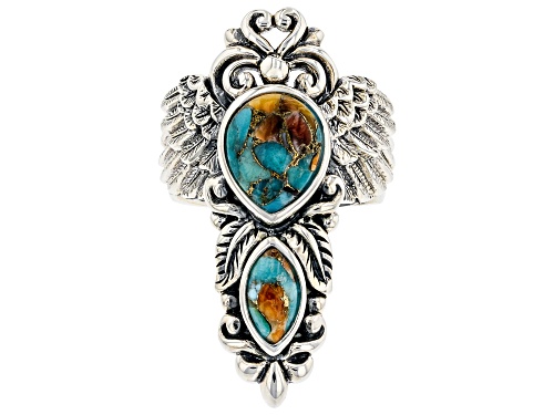 Photo of Southwest Style By JTV™ Blended Turquoise and Spiny Oyster Shell Rhodium Over Silver Ring - Size 8