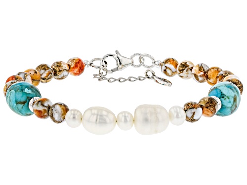 Southwest Style By JTV™ Turquoise, Cultured Freshwater Pearl, & Shell Rhodium Over Silver Bracelet - Size 7